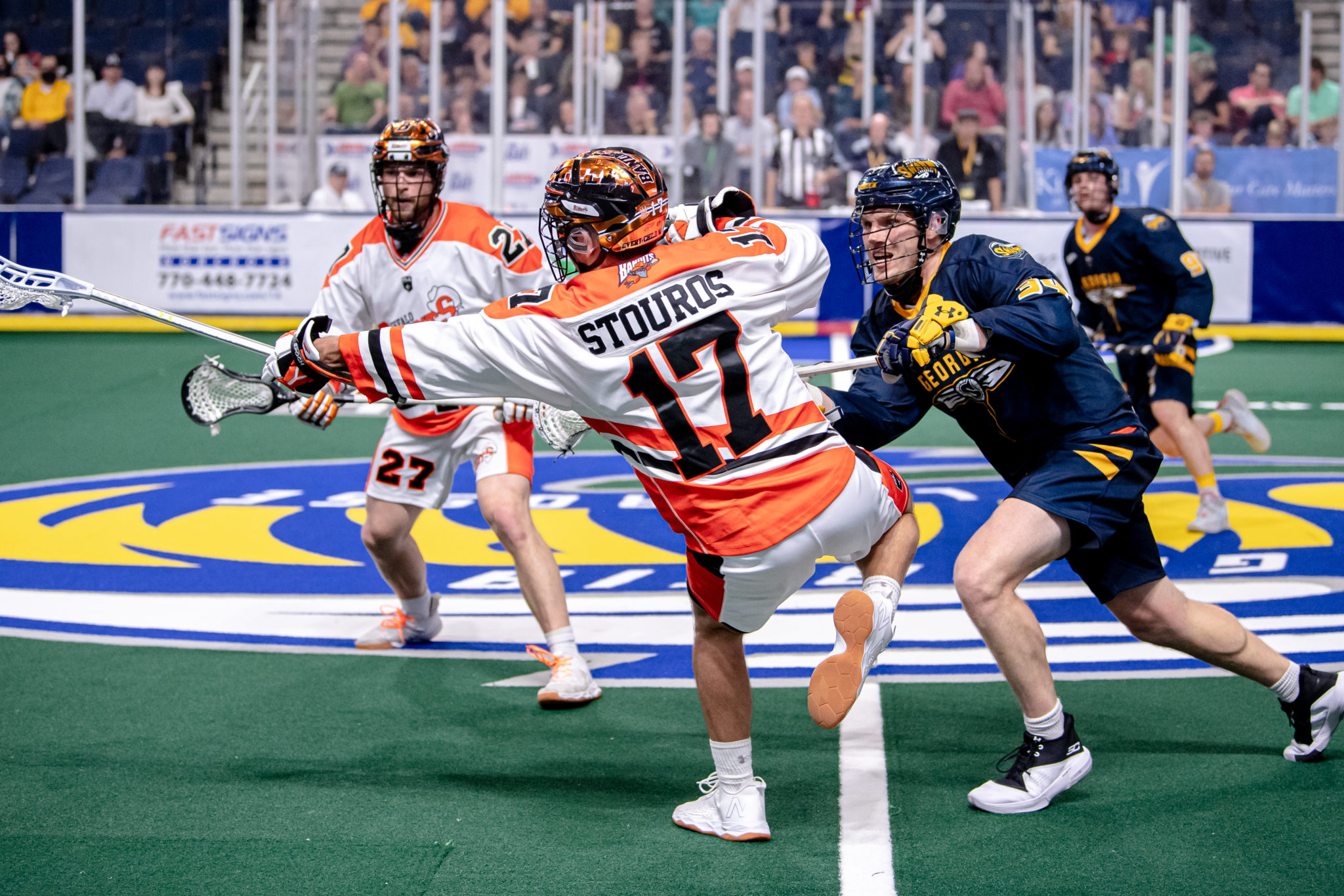 February 26, 2022: Buffalo Bandits players huddle before a game against the  Rochester Knighthawks. The Rochester Knighthawks hosted the Buffalo Bandits  in a National Lacrosse League game at the Blue Cross Arena